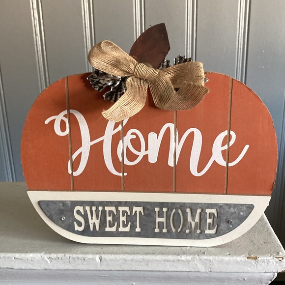 NWT HOME SWEET HOME Slatted Solid Wood & Galvanized Pumpkin Decor Sign 🍁s & Bow - Picture 6 of 17
